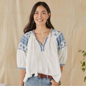 Alamar White Peasant Top with Blue Embroidery